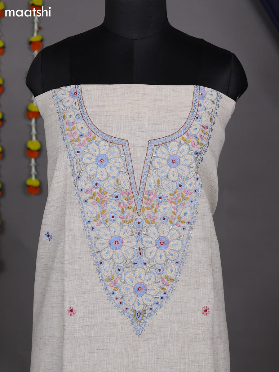 Beige and Blue Cotton Dress Material With Embroidery Work Neck Pattern –  Maatshi