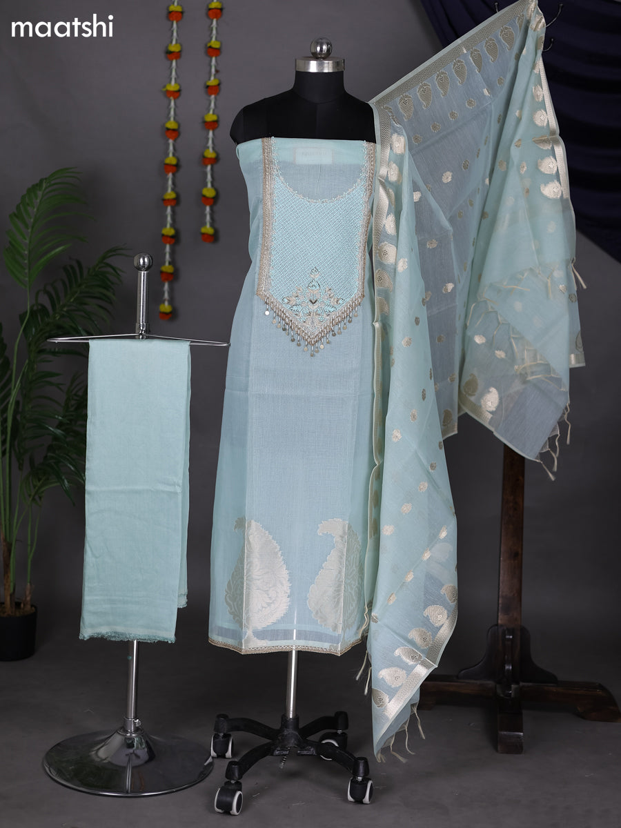 Teal Blue Shade Kota Dress Material With Embroidery Work Pattern and Bottom & Dupatta