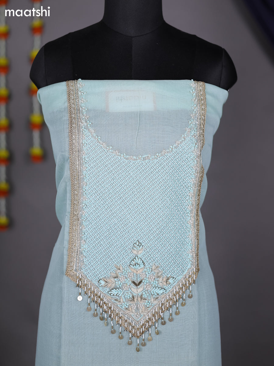 Teal Blue Shade Kota Dress Material With Embroidery Work Pattern and Bottom & Dupatta