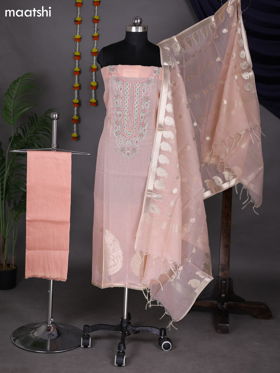 Peach Shade Kota Dress Material With Embroidery Work Neck Pattern and Bottom & Dupatta