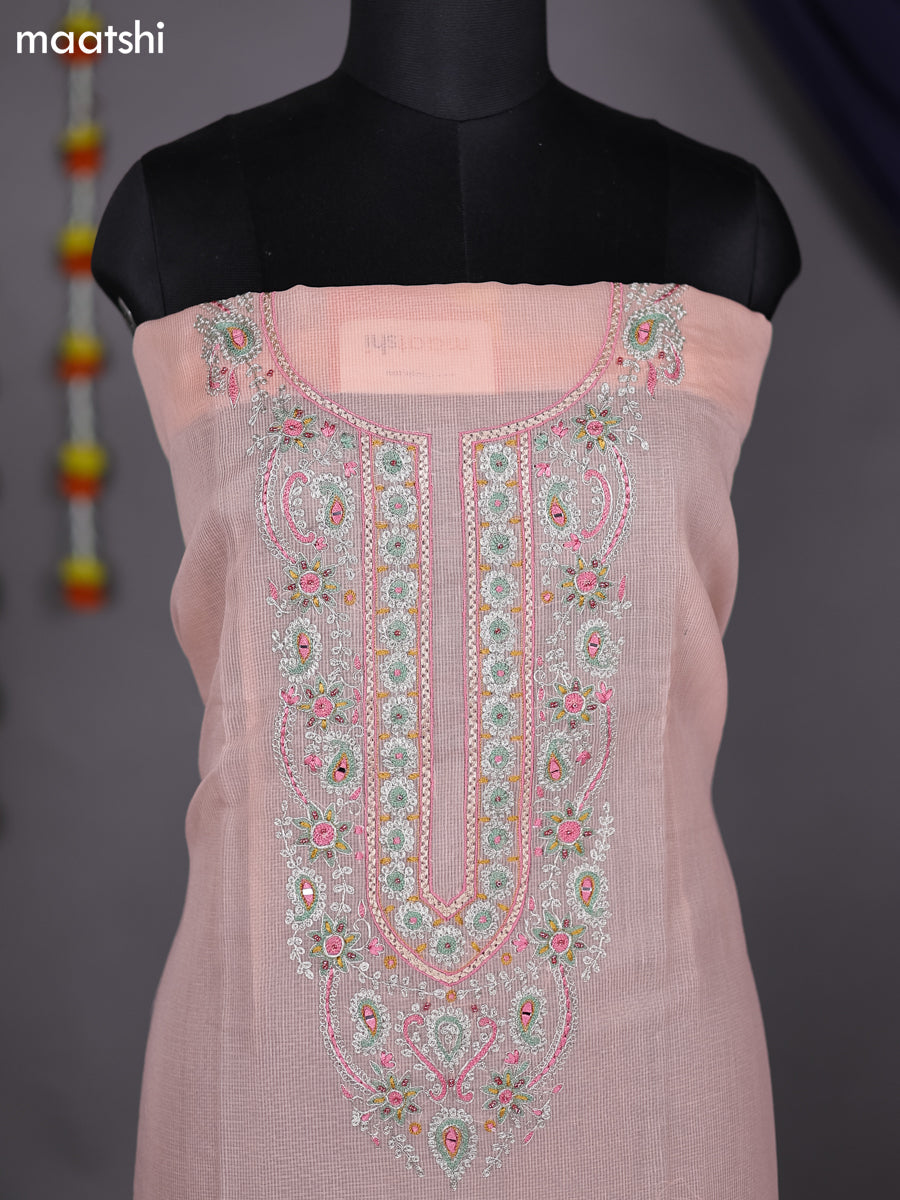 Peach Shade Kota Dress Material With Embroidery Work Neck Pattern and Bottom & Dupatta
