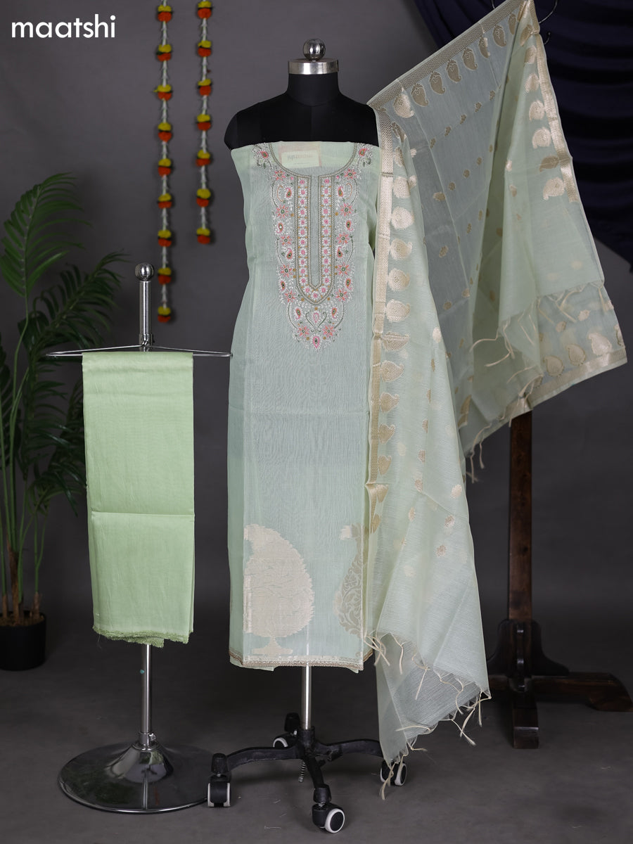 Mild Pista Green Kota Dress Material With Embroidery Work Neck Pattern and Bottom & Dupatta
