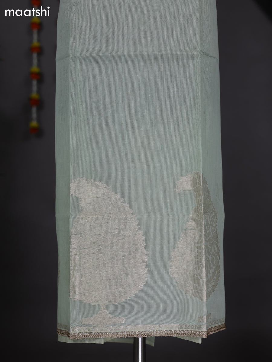 Mild Pista Green Kota Dress Material With Embroidery Work Neck Pattern and Bottom & Dupatta