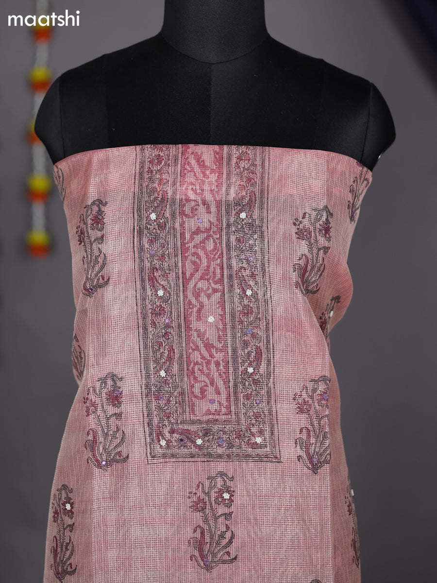Peach Pink Shade Tissue Kota Dress Material With Prints & Embroidery Work Pattern and Bottom & Dupatta