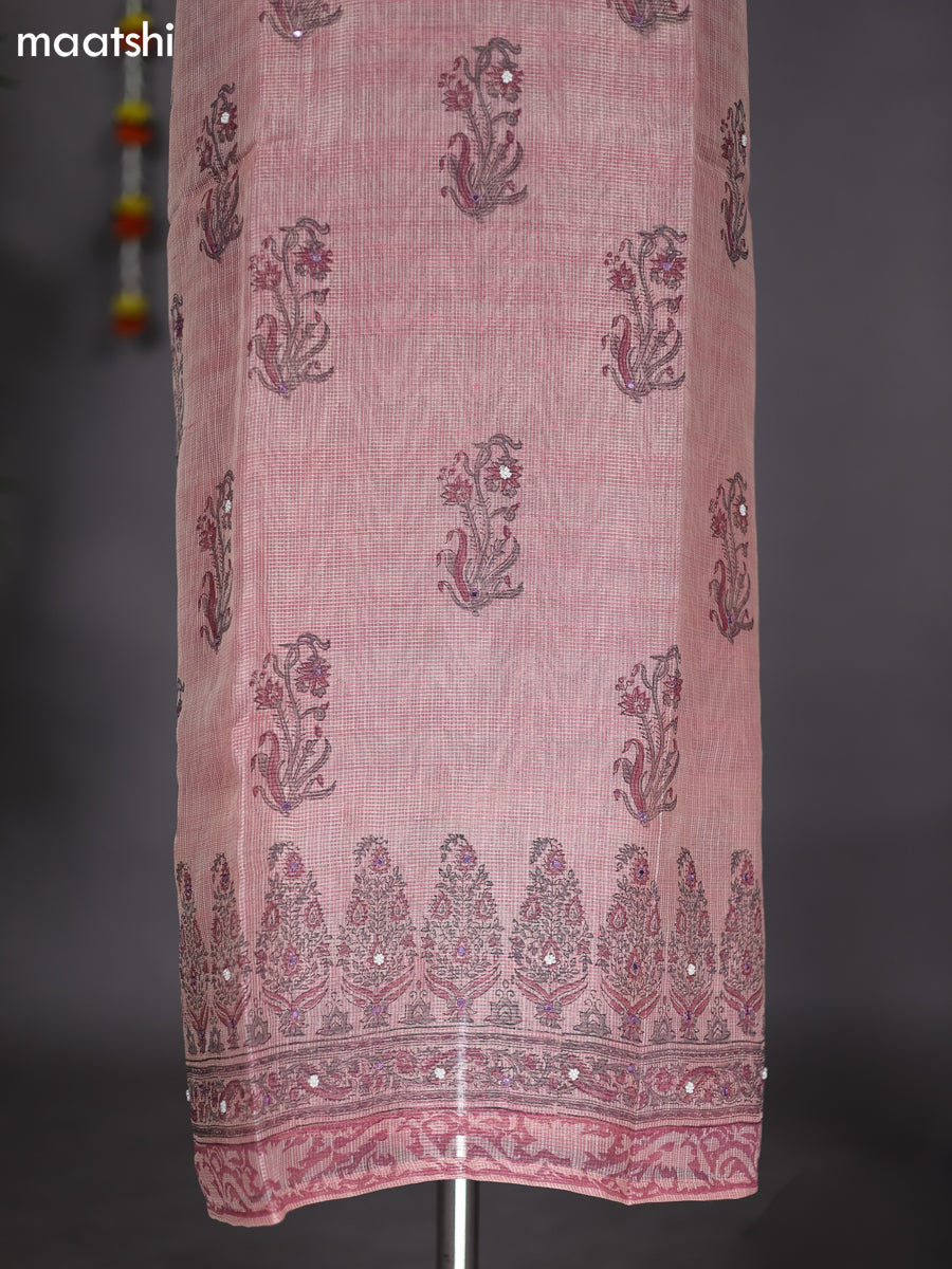 Peach Pink Shade Tissue Kota Dress Material With Prints & Embroidery Work Pattern and Bottom & Dupatta