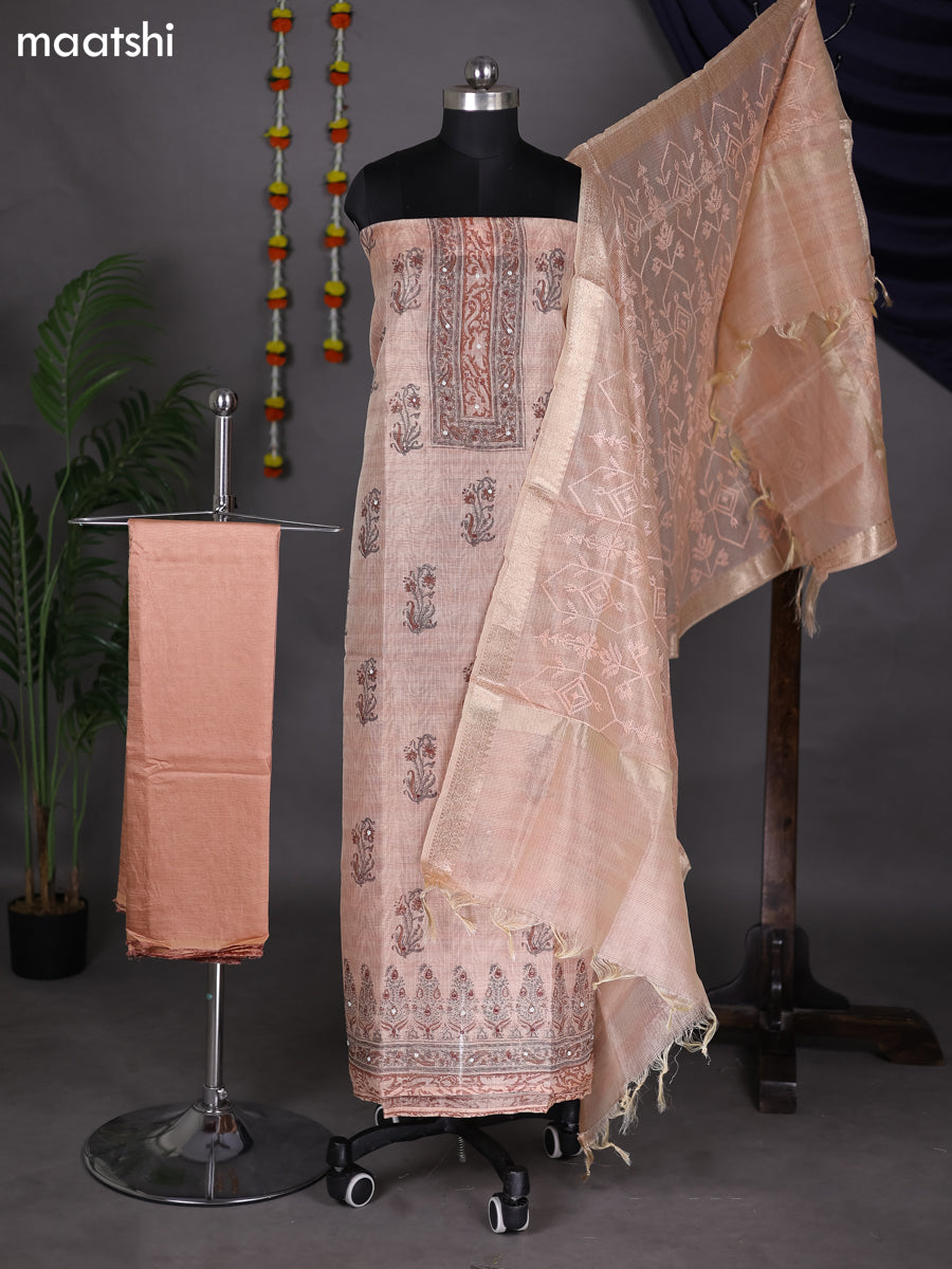 Peach Shade Tissue Kota Dress Material With Prints & Embroidery Work Pattern and Bottom & Dupatta