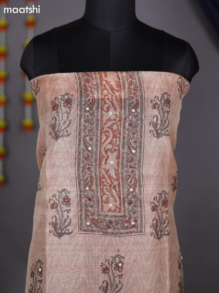 Peach Shade Tissue Kota Dress Material With Prints & Embroidery Work Pattern and Bottom & Dupatta