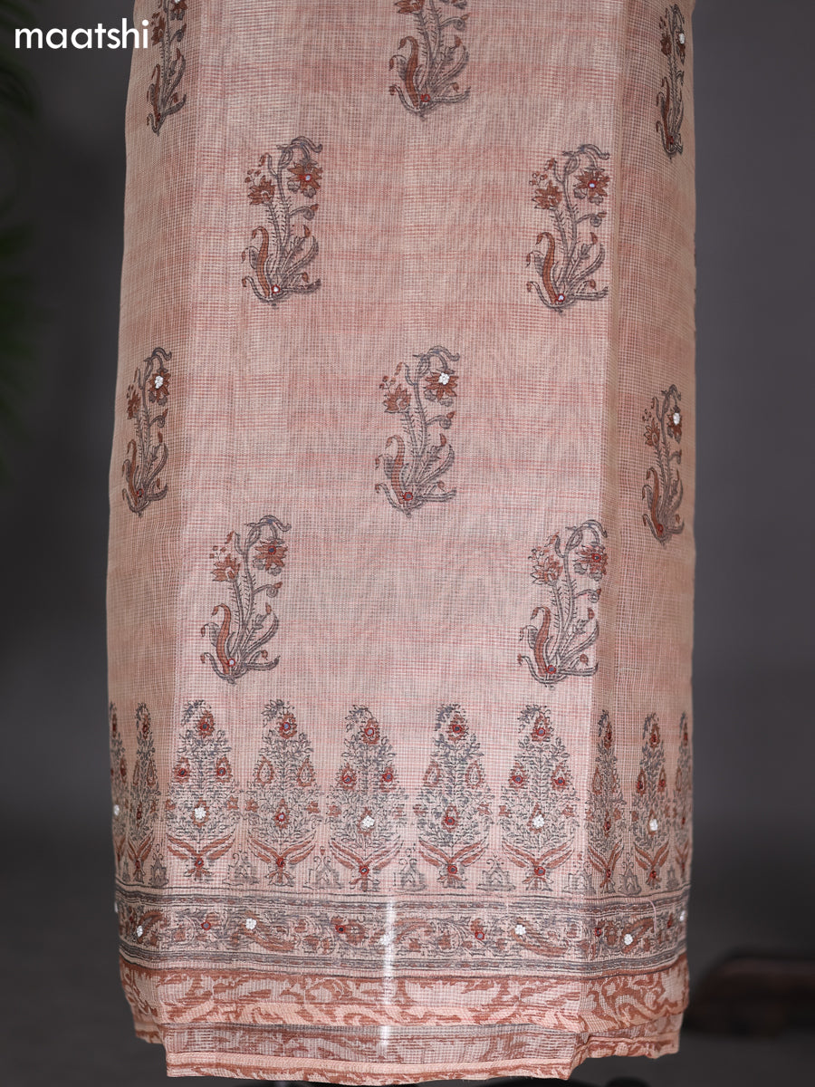Peach Shade Tissue Kota Dress Material With Prints & Embroidery Work Pattern and Bottom & Dupatta
