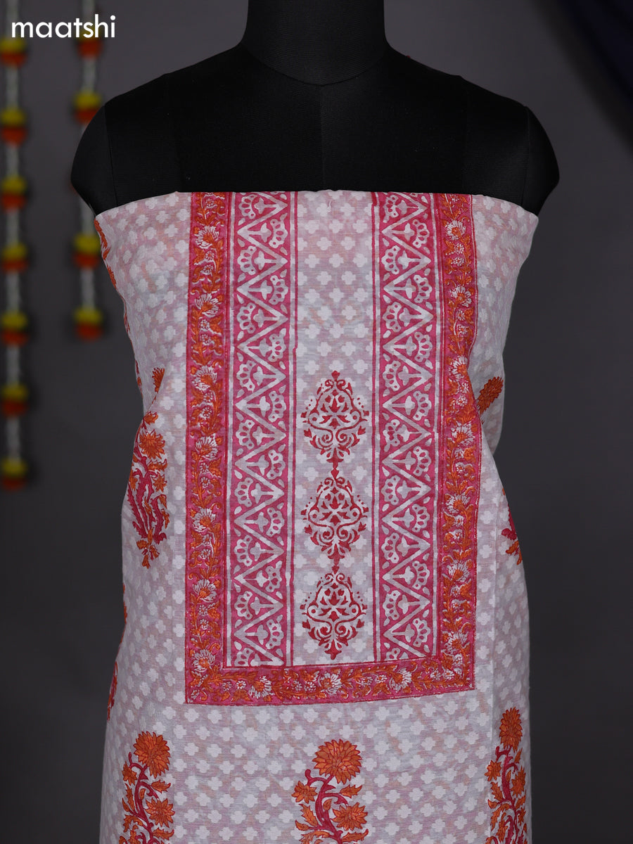 Off White and Peach Pink Cotton Dress Material With Allover Prints & Lace Work Botter