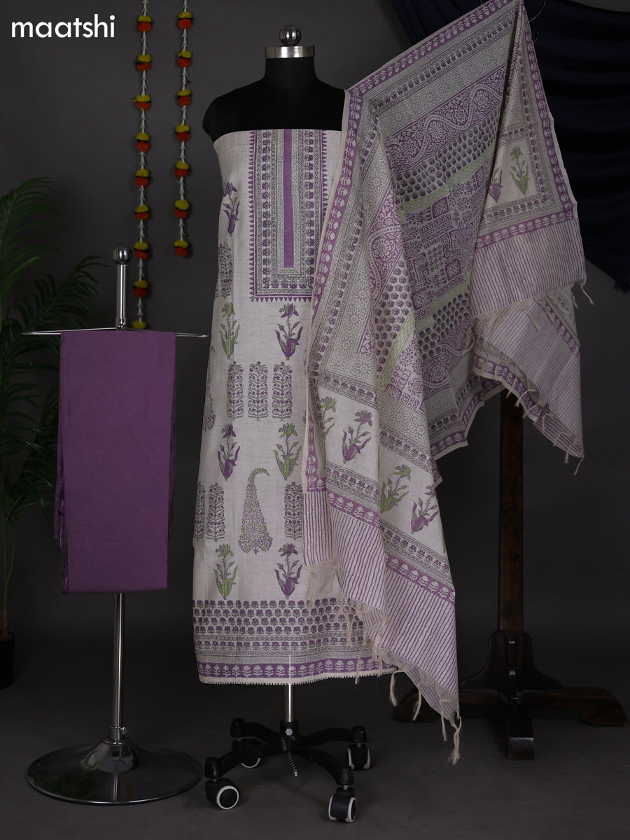 Off White and Pastel Lavender Chanderi Dress Material With Allover Prints