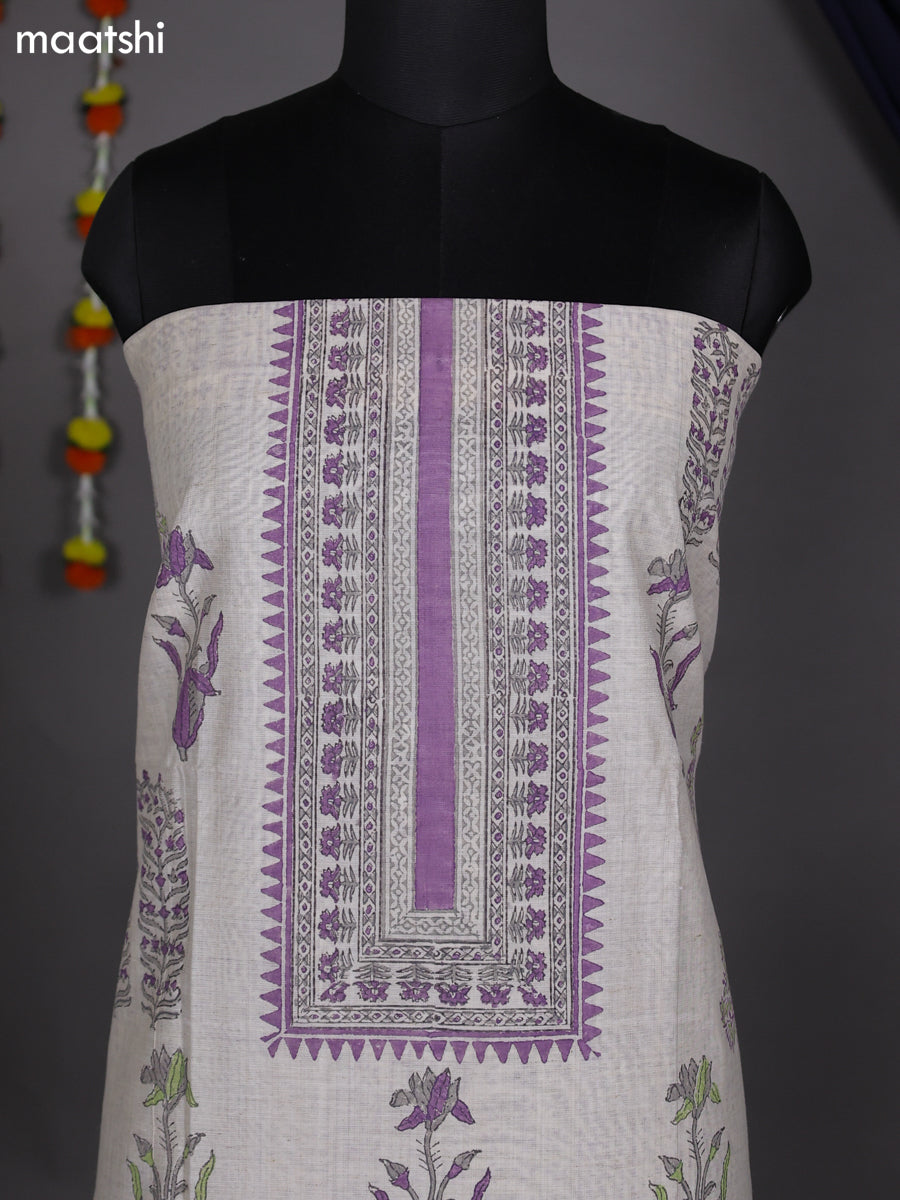 Off White and Pastel Lavender Chanderi Dress Material With Allover Prints