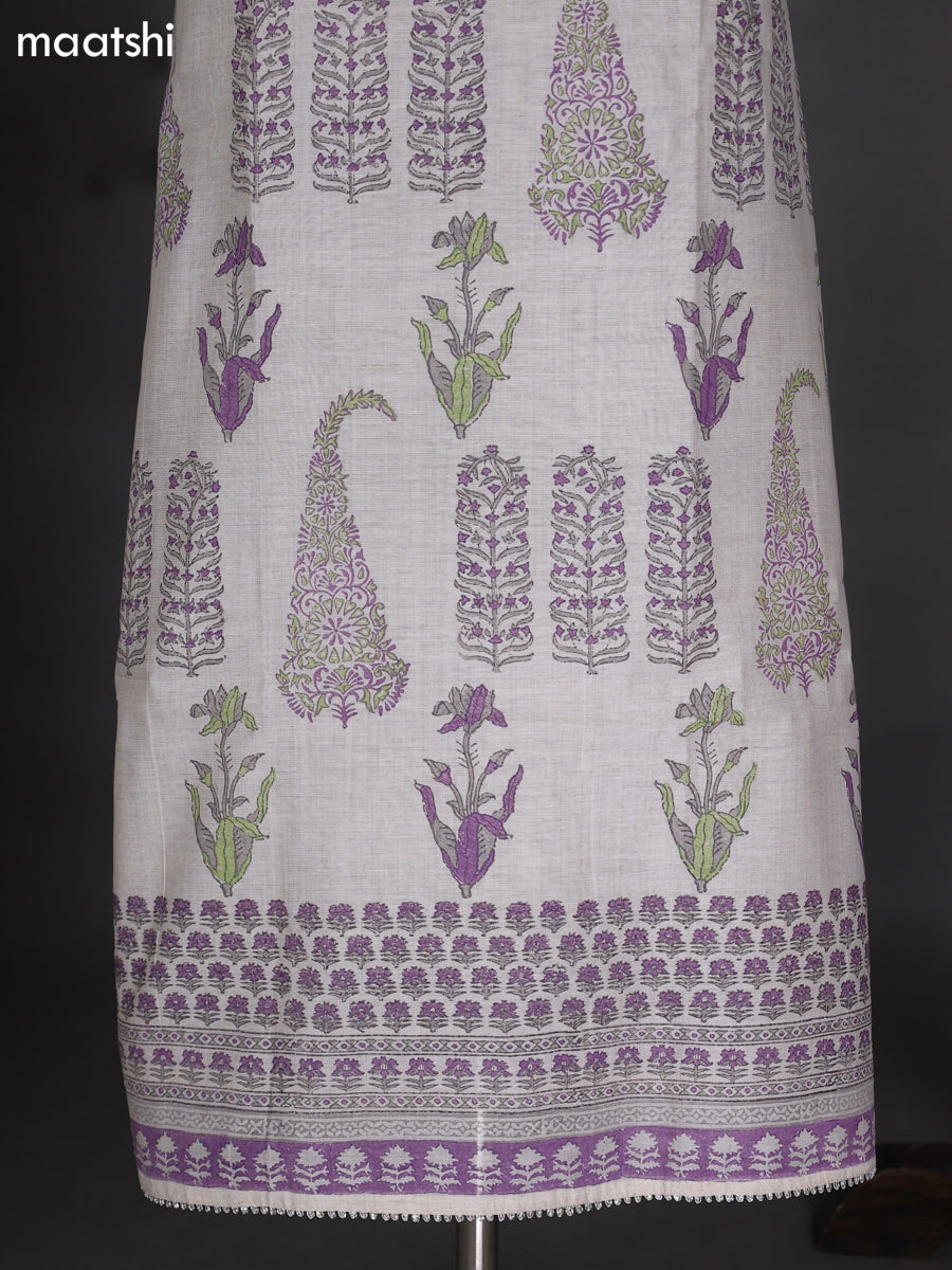 Off White and Pastel Lavender Chanderi Dress Material With Allover Prints