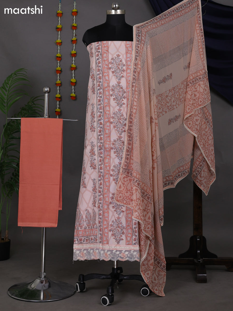 Mild Peach Cotton Dress Material With Floral Embroidery Work Pattern