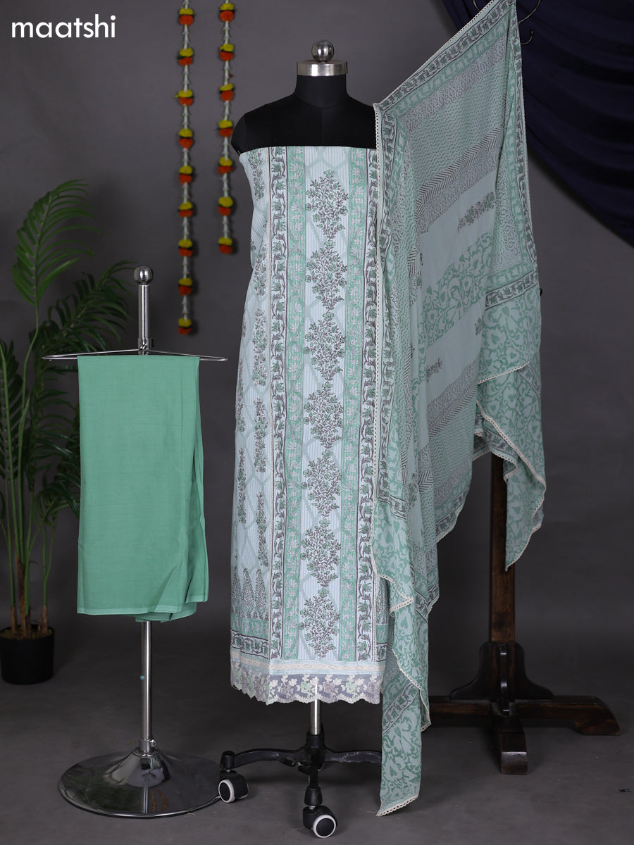 Pastel Green Shade Cotton Dress Material With Floral Embroidery Work Pattern