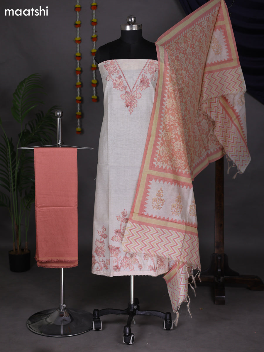 Off White and Peach Orange Cotton Dress Material With Floral Applique Work Pattern and Bottom & Dupatta