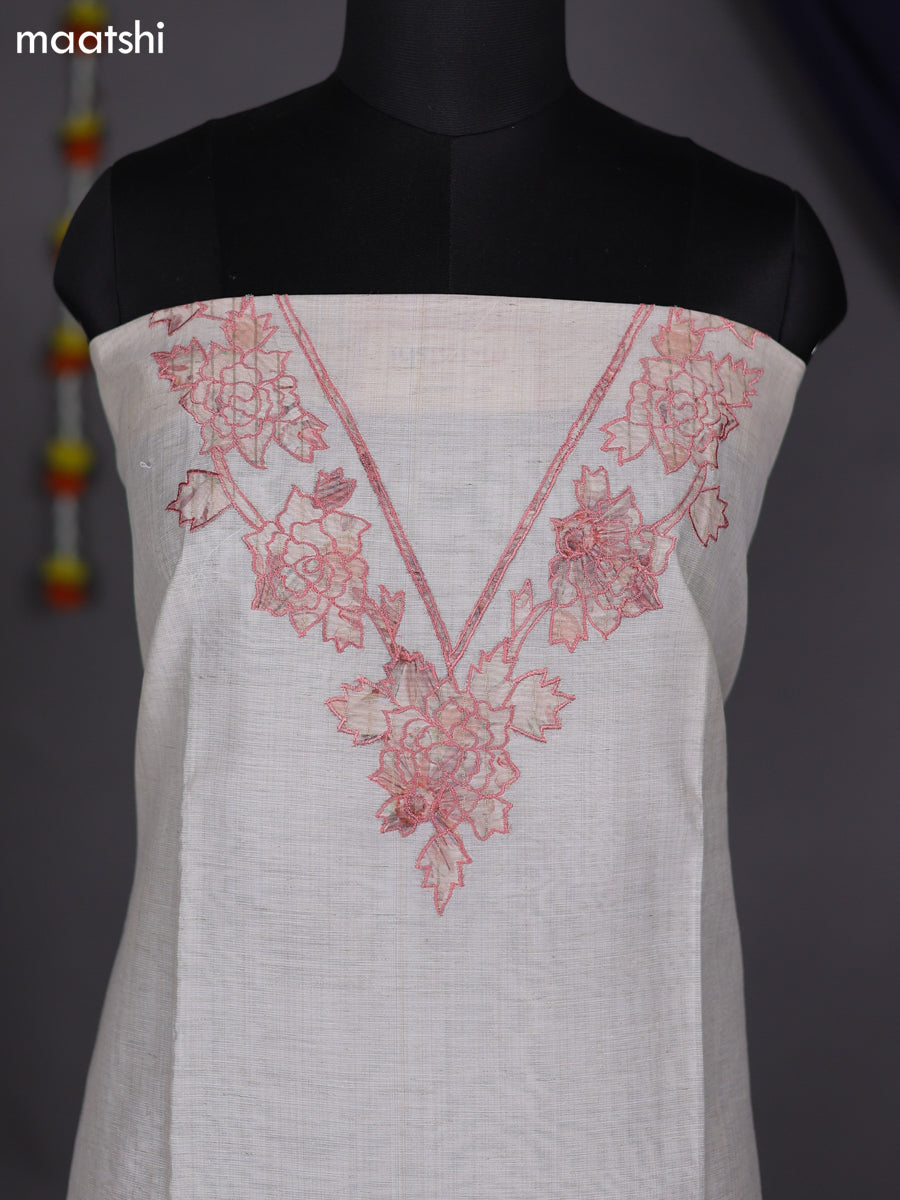 Off White and Peach Orange Cotton Dress Material With Floral Applique Work Pattern and Bottom & Dupatta