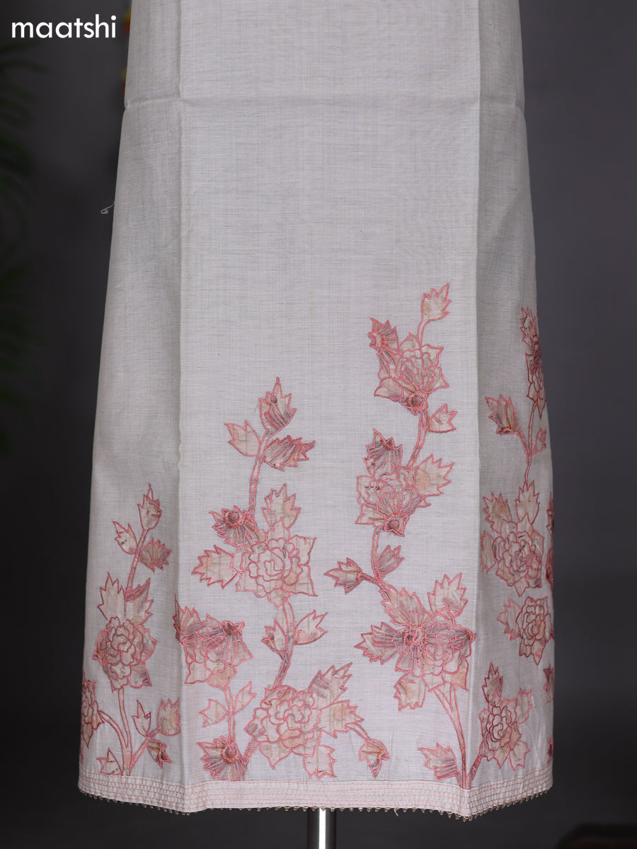 Off White and Peach Orange Cotton Dress Material With Floral Applique Work Pattern and Bottom & Dupatta