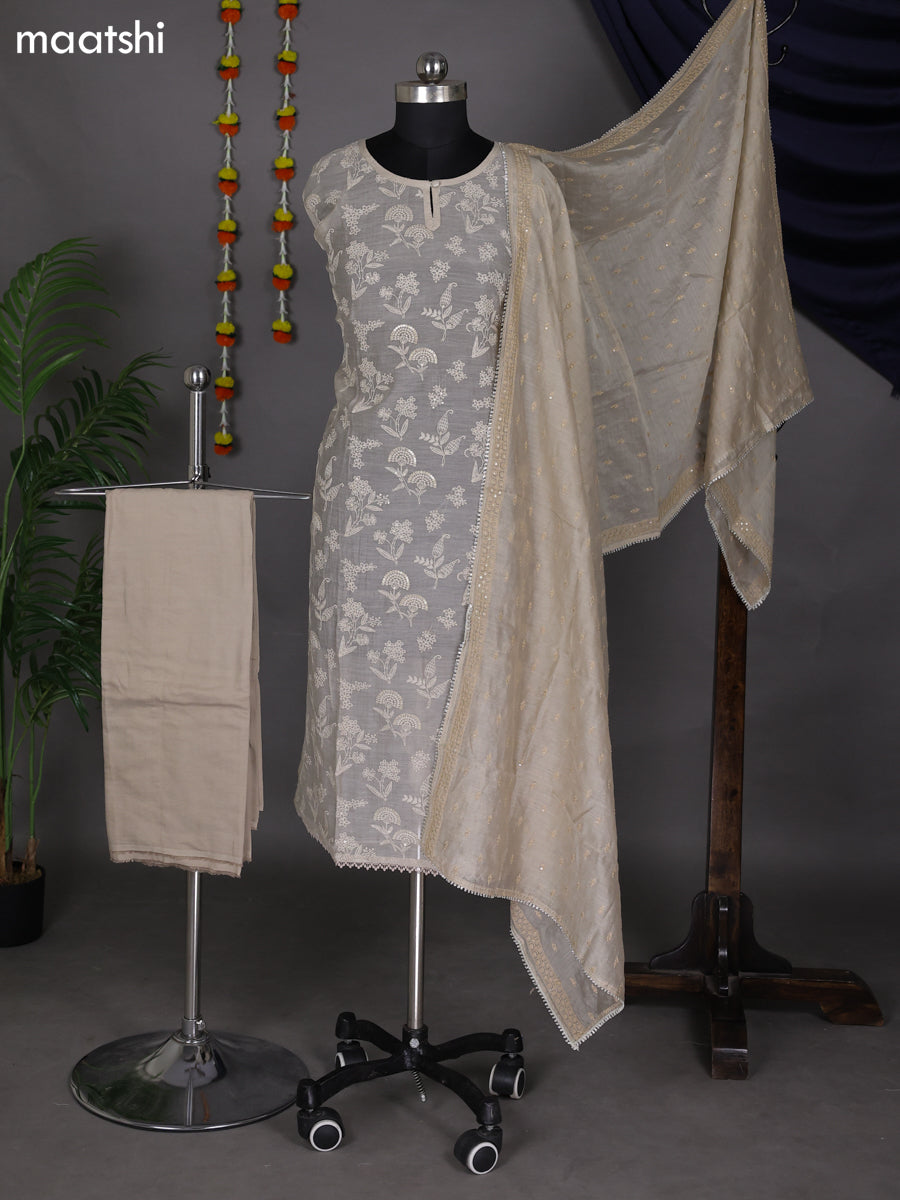 Beige Mul Chanderi Dress Material With Embroidery Work Pattern