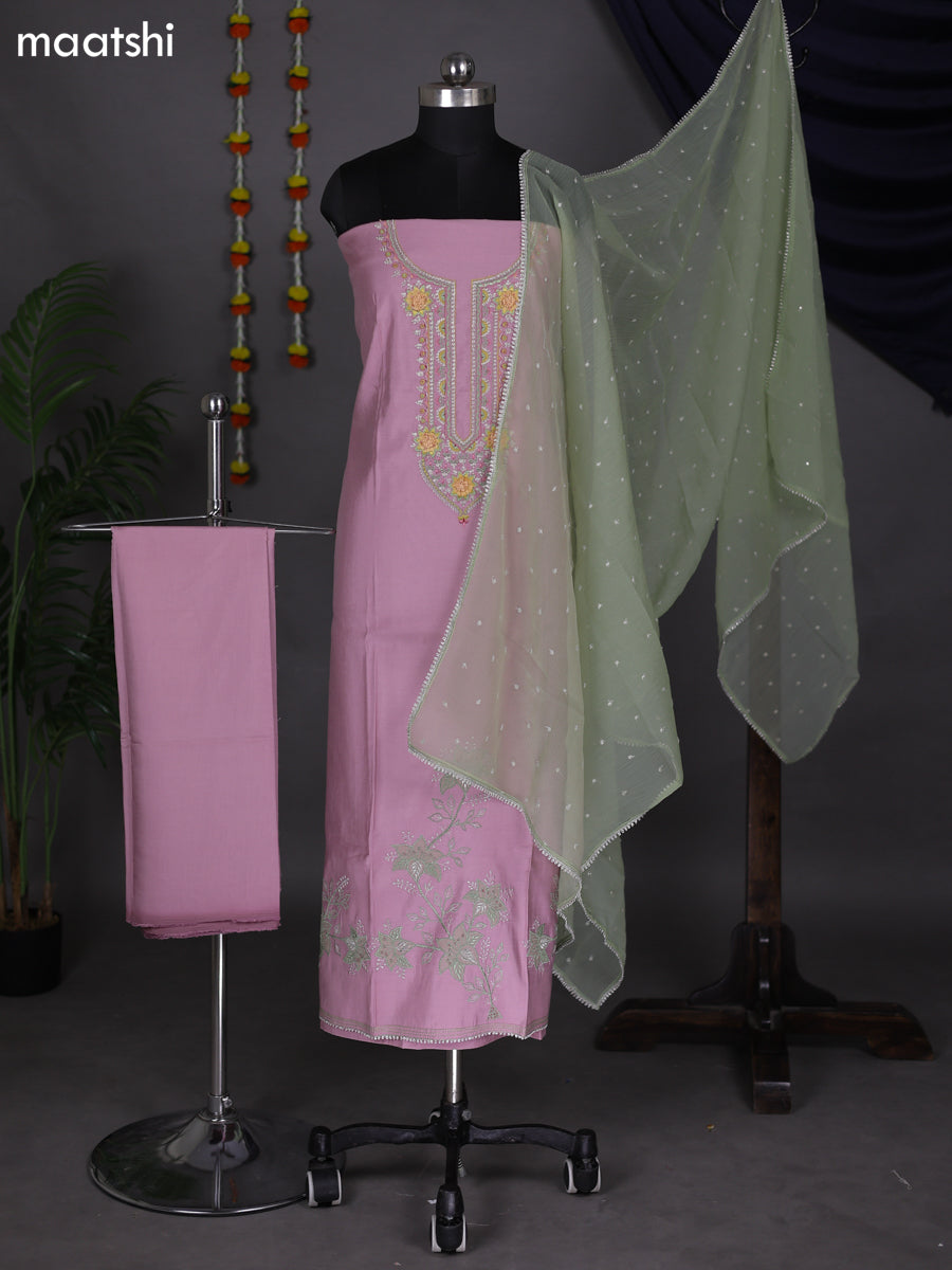 Pastel Pink and Pastel Green Raw Silk Dress Material With Embroidery Work Neck Pattern
