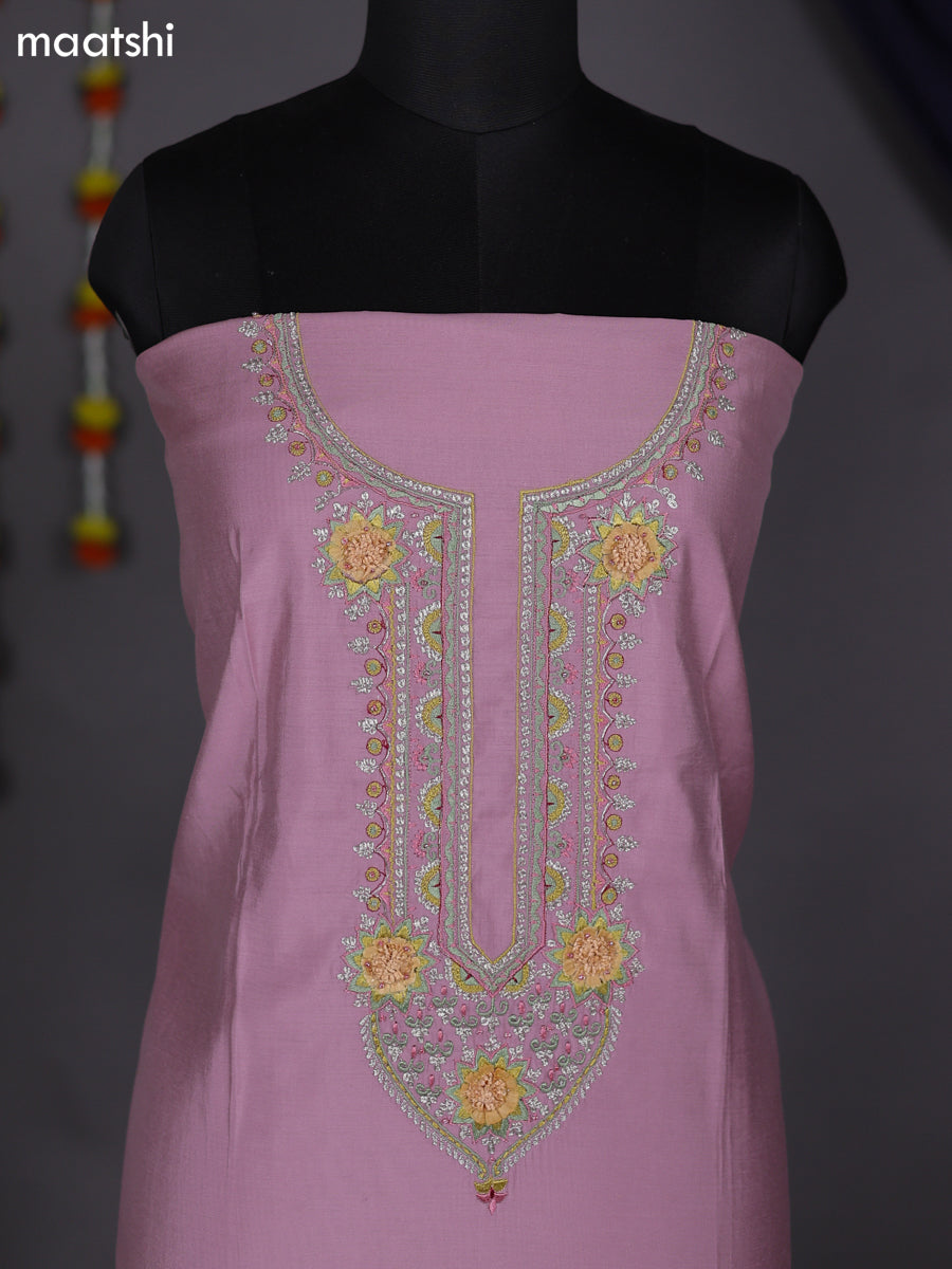 Pastel Pink and Pastel Green Raw Silk Dress Material With Embroidery Work Neck Pattern