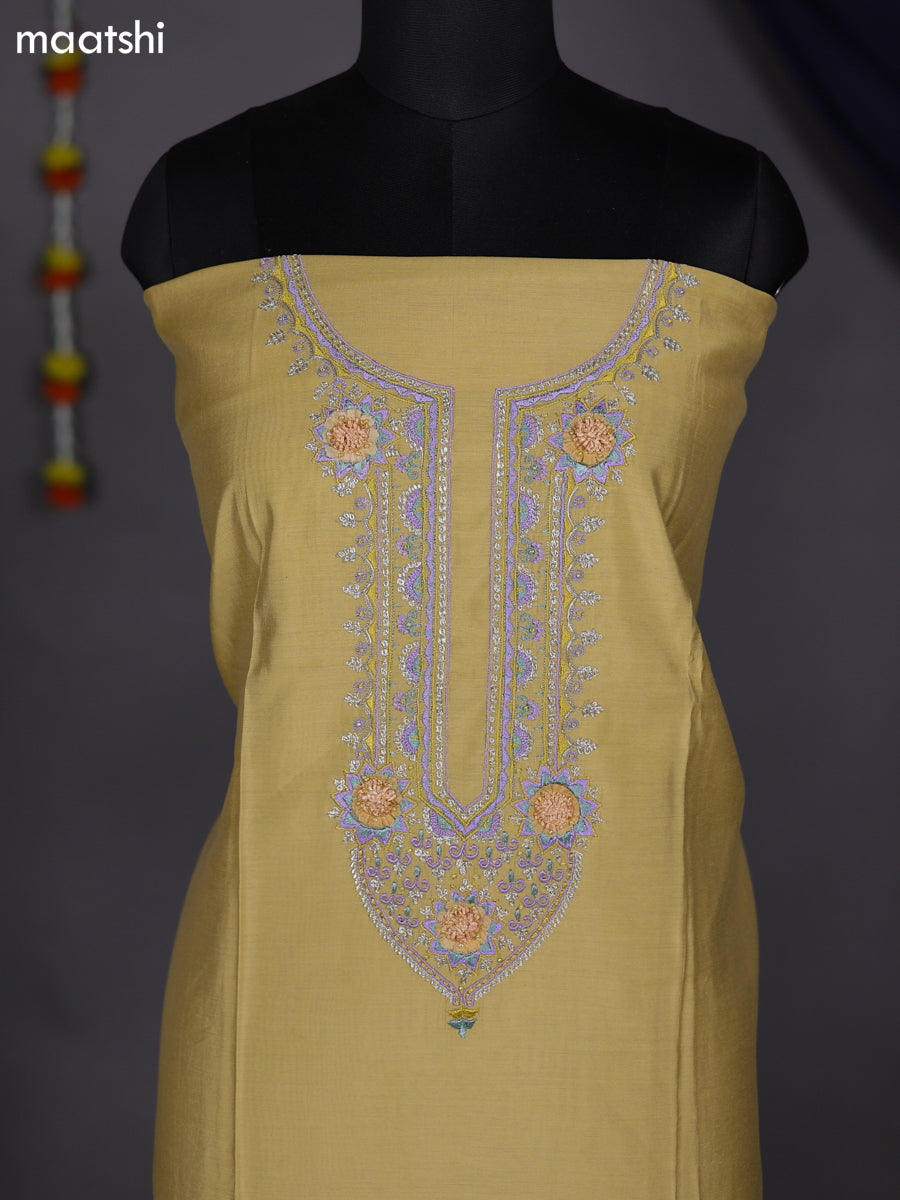 Mustard Shade and Lavender Raw Silk Dress Material With Embroidery Work Neck Pattern