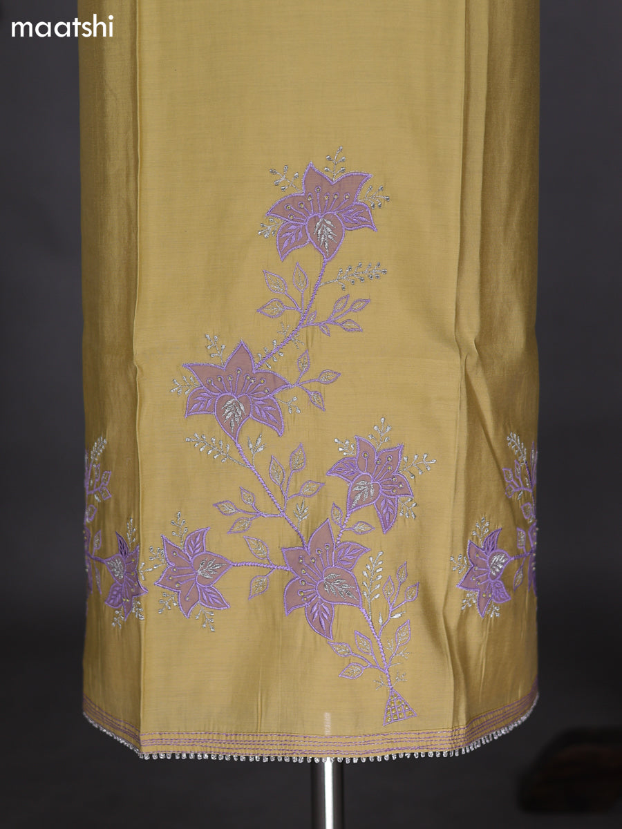 Mustard Shade and Lavender Raw Silk Dress Material With Embroidery Work Neck Pattern