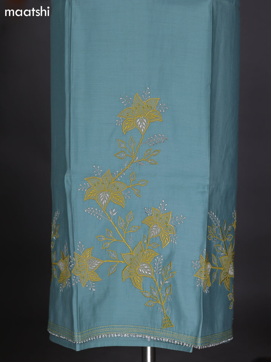 Pastel Green and Mustard Shade Raw Silk Dress Material With Embroidery Work Neck Pattern
