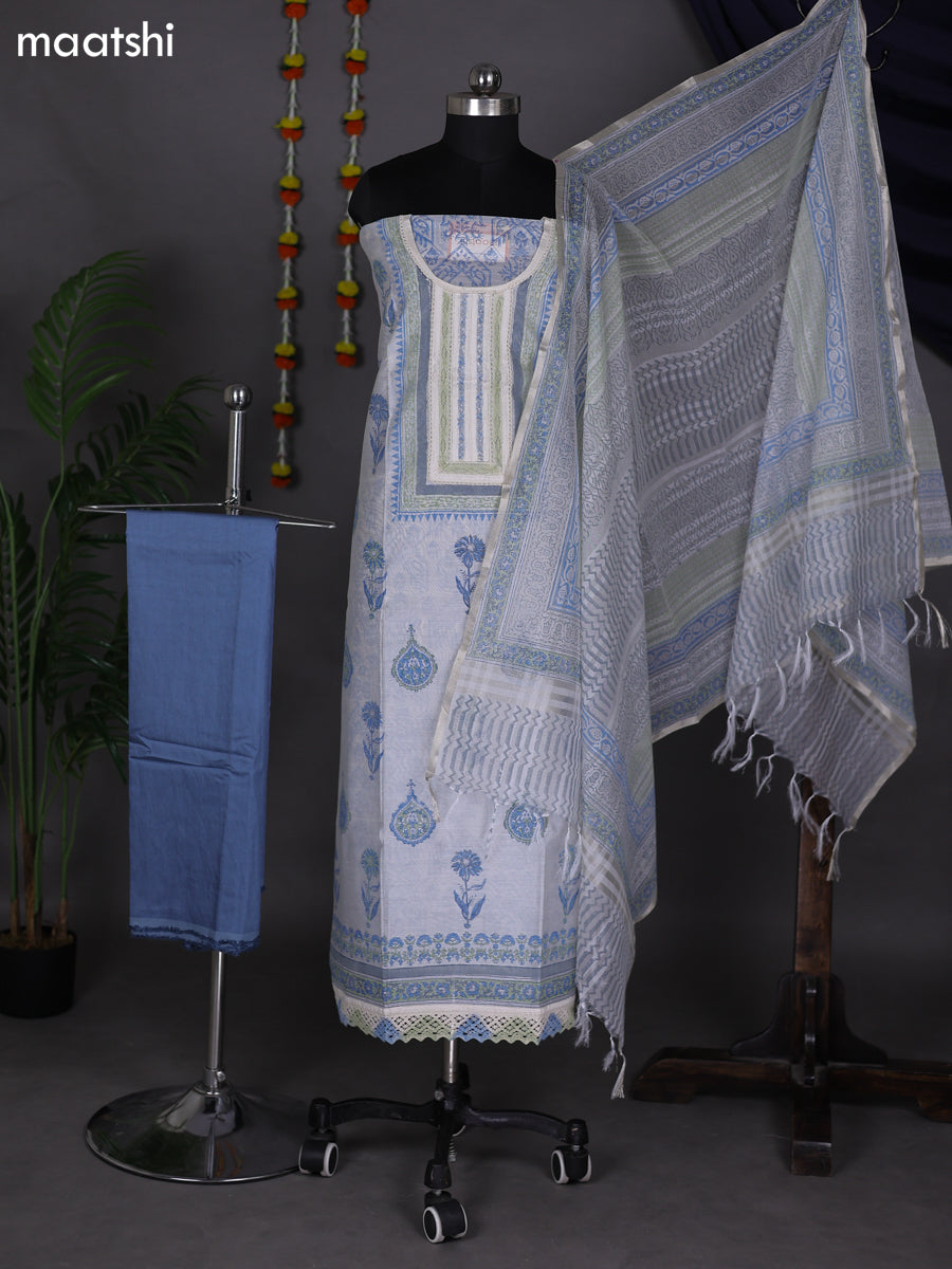 Off White and Blue Chanderi Dress Material With Allover Prints