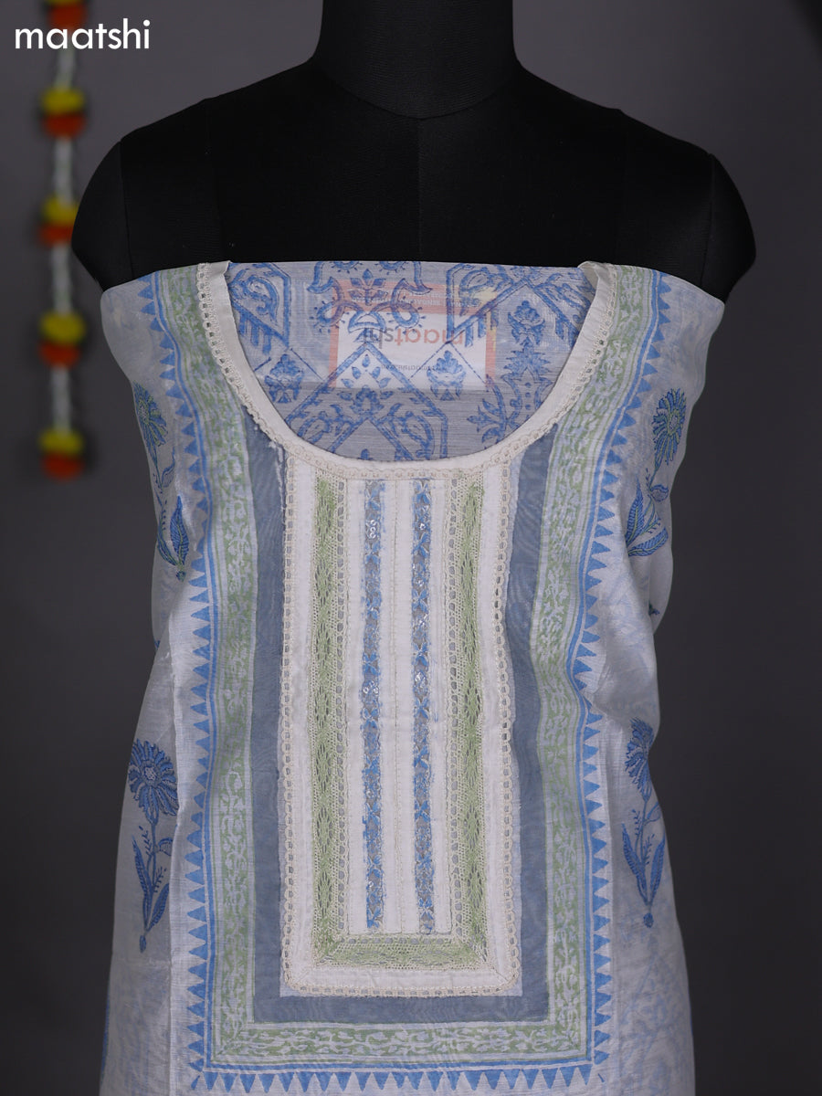 Off White and Blue Chanderi Dress Material With Allover Prints