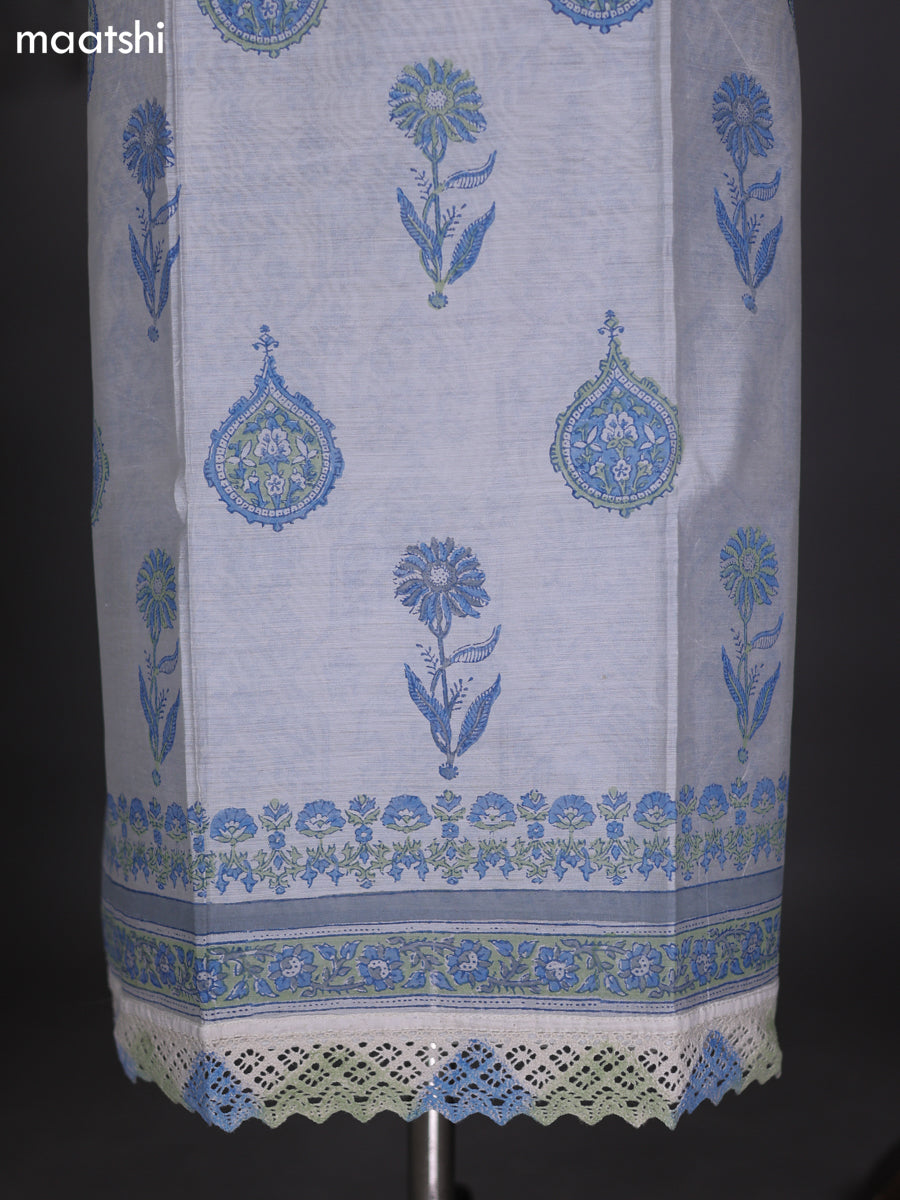Off White and Blue Chanderi Dress Material With Allover Prints