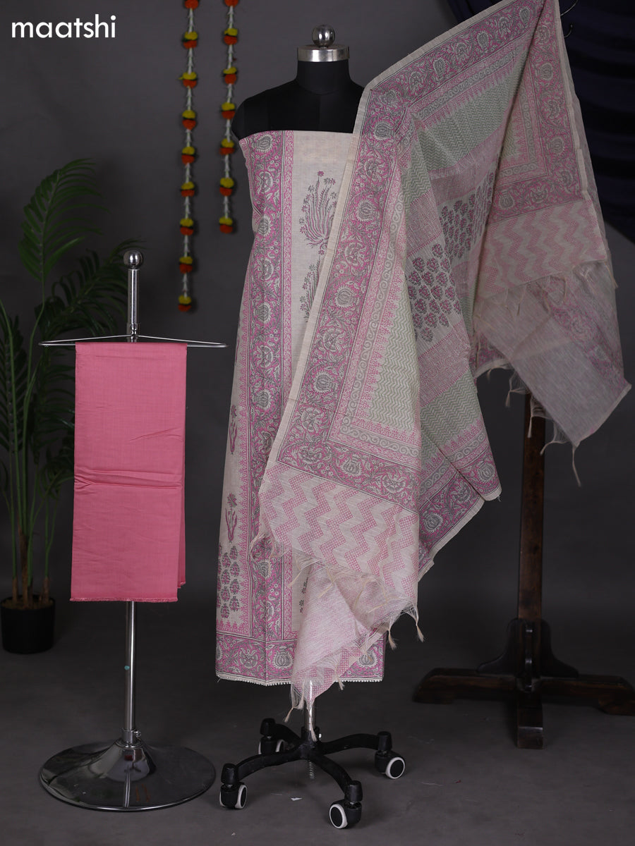 Off White and Peach Pink Chanderi Dress Material With Allover Prints