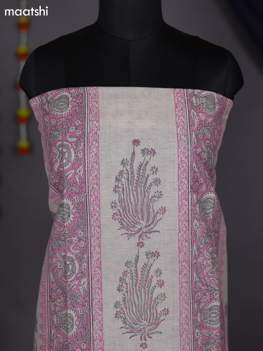 Off White and Peach Pink Chanderi Dress Material With Allover Prints