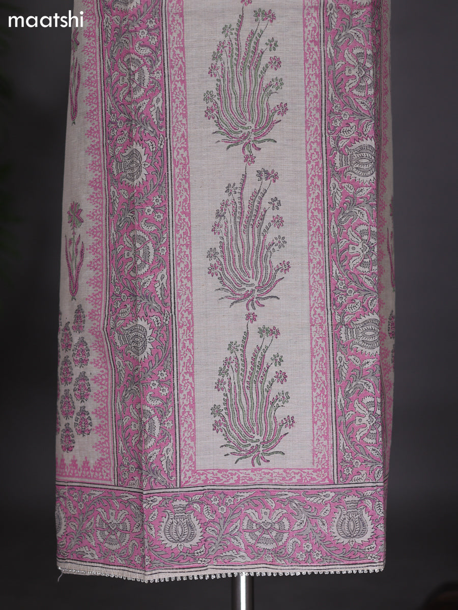 Off White and Peach Pink Chanderi Dress Material With Allover Prints