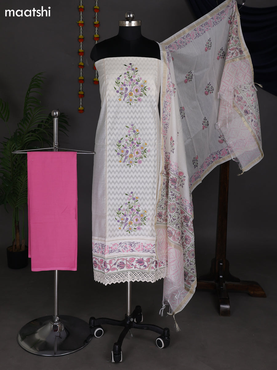 Off White and Peach Pink Chanderi Dress Material With Embroidery Work Pattern