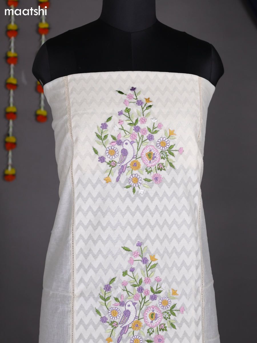 Off White and Peach Pink Chanderi Dress Material With Embroidery Work Pattern