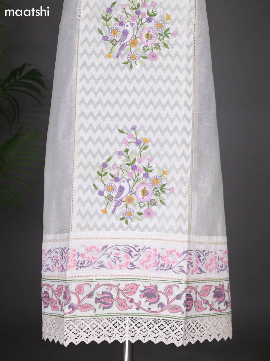 Off White and Peach Pink Chanderi Dress Material With Embroidery Work Pattern