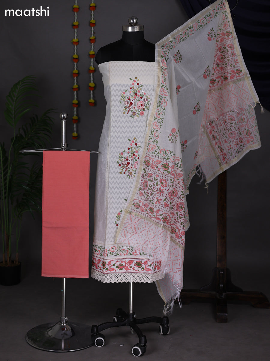 Off White and Peach Shade Chanderi Dress Material With Embroidery Work Pattern