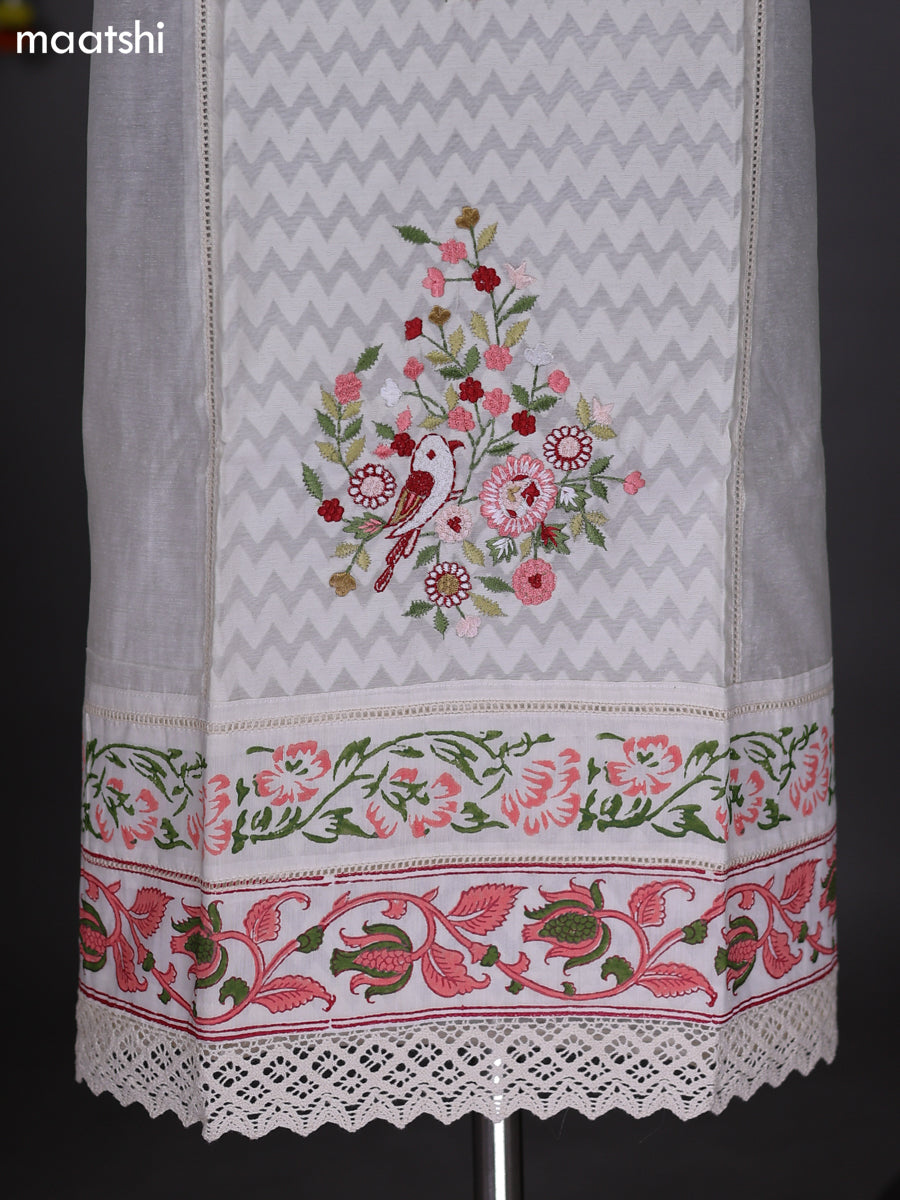 Off White and Peach Shade Chanderi Dress Material With Embroidery Work Pattern