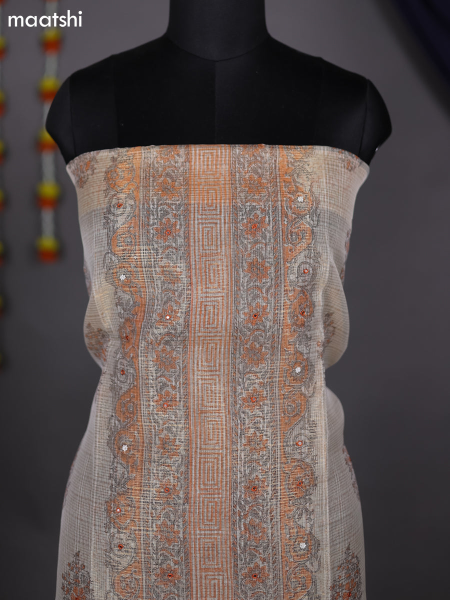 Cream and Peach Orange Tissue Kota Dress Material With Prints & Embroidery Work Pattern and Bottom & Dupatta