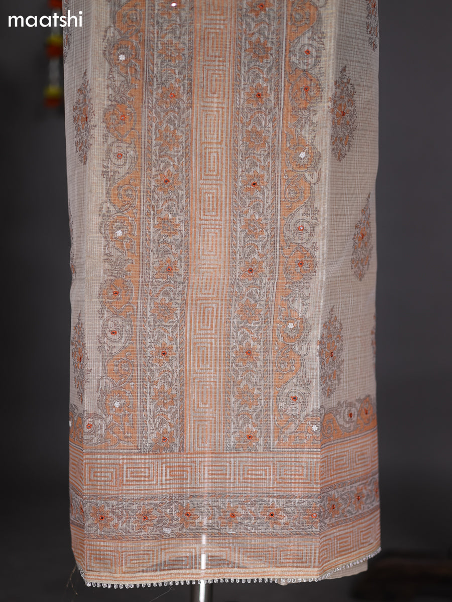 Cream and Peach Orange Tissue Kota Dress Material With Prints & Embroidery Work Pattern and Bottom & Dupatta