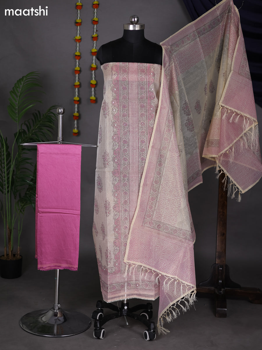 Cream and Peach Pink Tissue Kota Dress Material With Prints & Embroidery Work Pattern and Bottom & Dupatta
