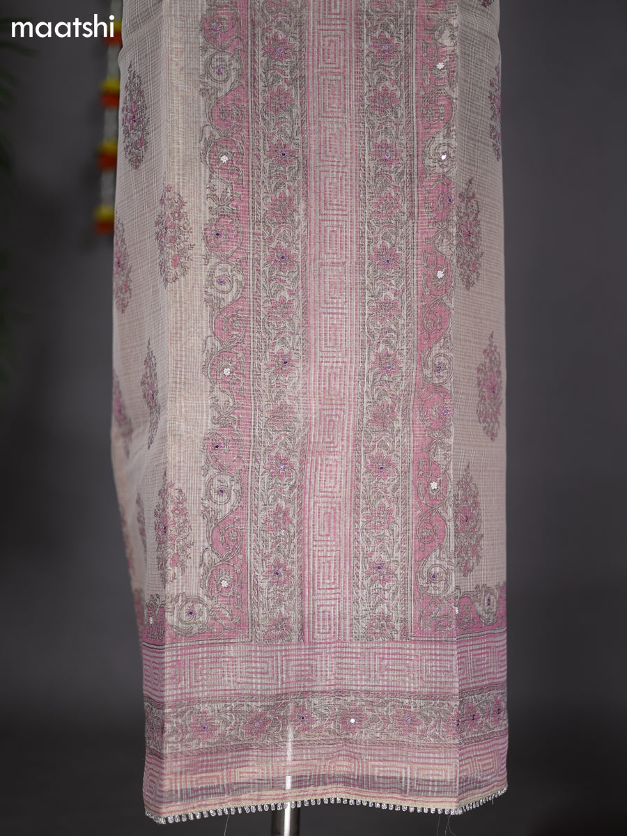 Cream and Peach Pink Tissue Kota Dress Material With Prints & Embroidery Work Pattern and Bottom & Dupatta