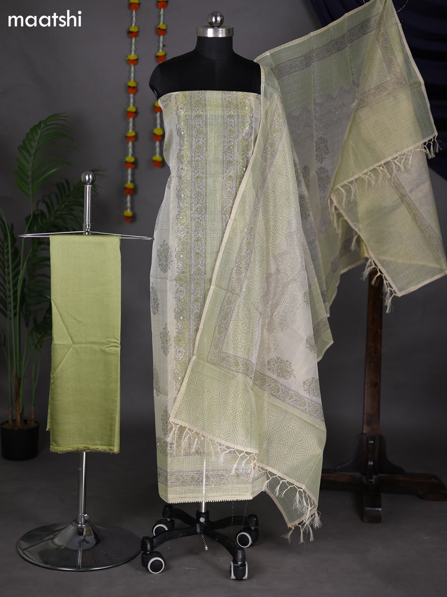 Cream and Pastel Green Tissue Kota Dress Material With Prints & Embroidery Work Pattern and Bottom & Dupatta
