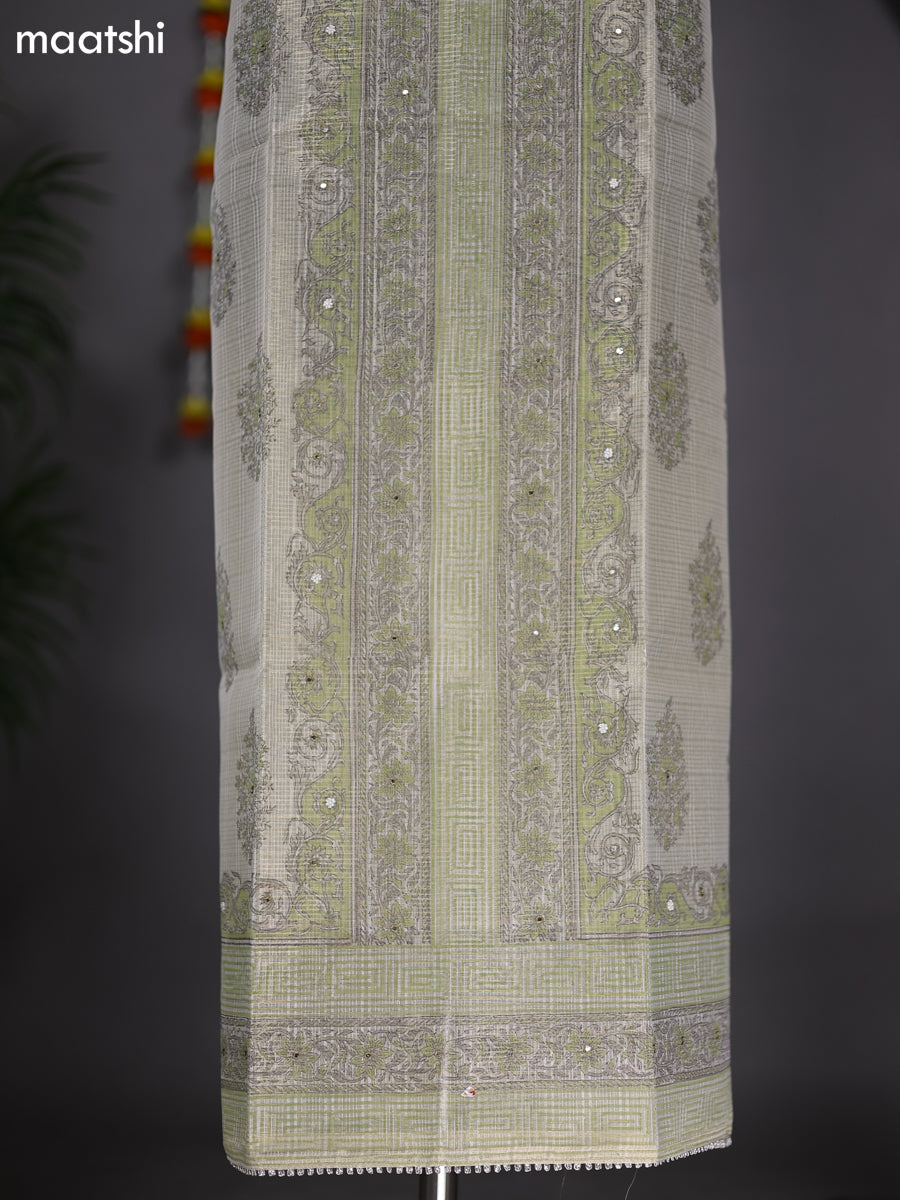 Cream and Pastel Green Tissue Kota Dress Material With Prints & Embroidery Work Pattern and Bottom & Dupatta