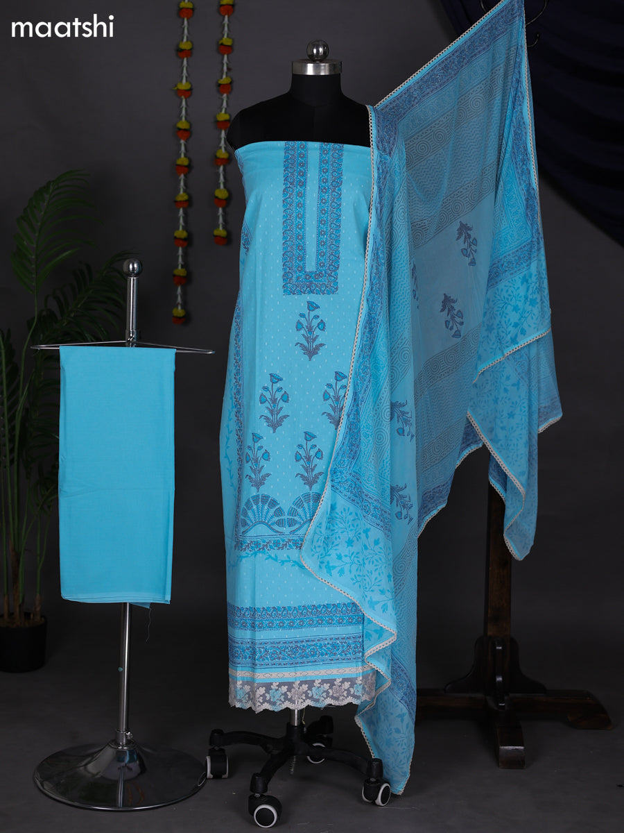 Teal Blue Cotton Dress Material With Block Prints and Bottom & Dupatta
