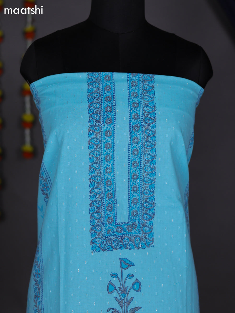 Teal Blue Cotton Dress Material With Block Prints and Bottom & Dupatta