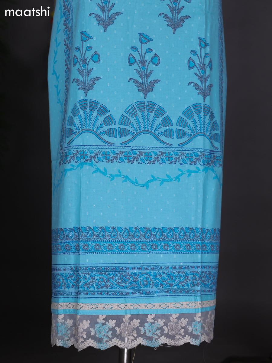 Teal Blue Cotton Dress Material With Block Prints and Bottom & Dupatta