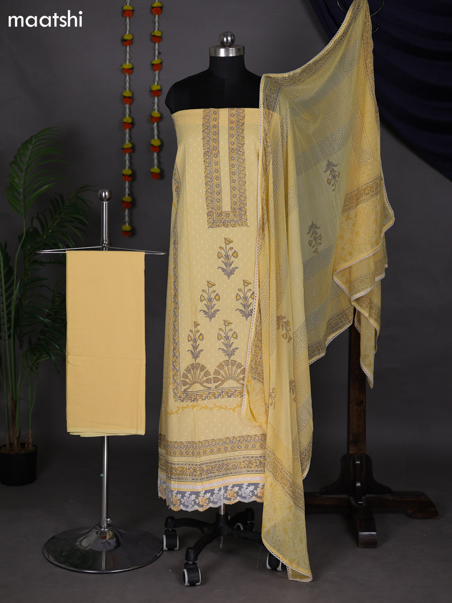 Yellow Cotton Dress Material With Block Prints and Bottom & Dupatta