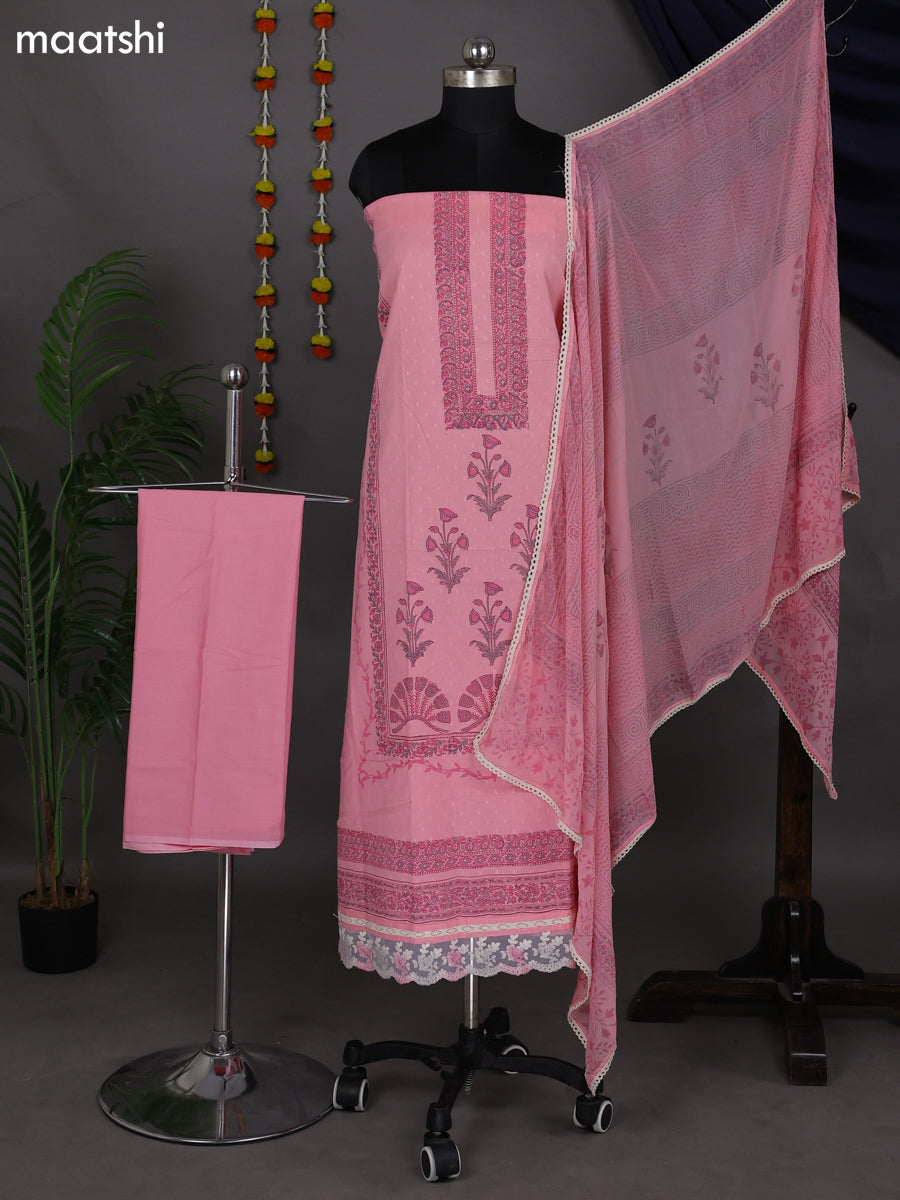 Peach Pink Cotton Dress Material With Block Prints and Bottom & Dupatta