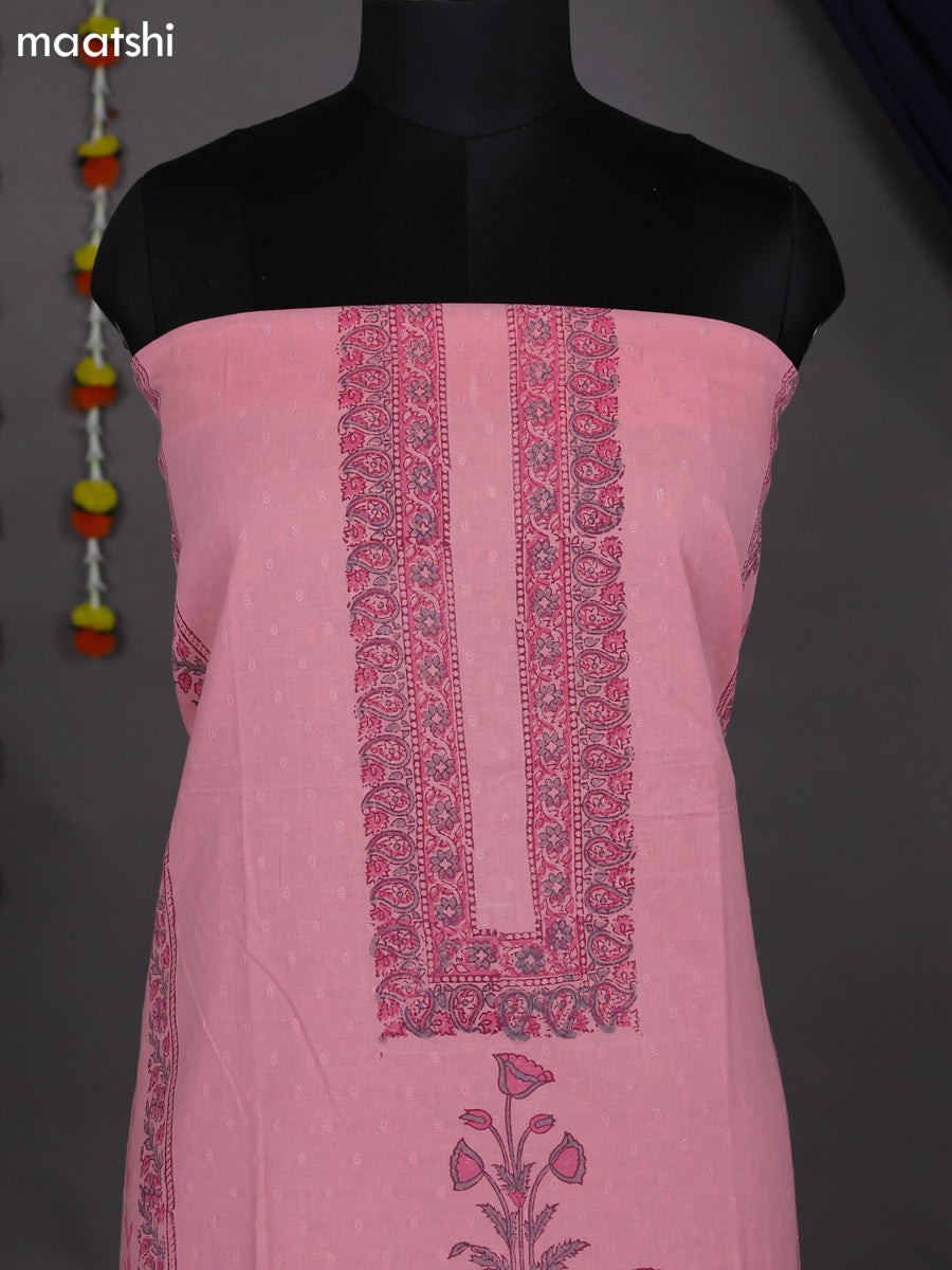 Peach Pink Cotton Dress Material With Block Prints and Bottom & Dupatta